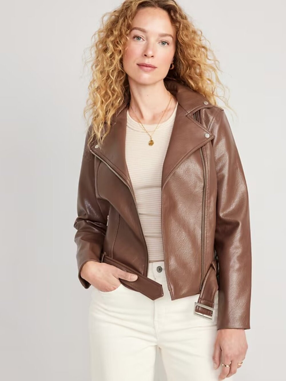 Old Navy Women's Brown Biker Jacket Faux Leather Belted Zipper Pockets M